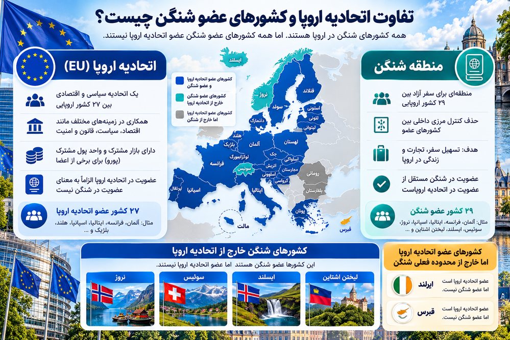 تفاوت کشورهای شنگن و اتحادیه اروپا با نمایش اعضای مشترک و غیرمشترک