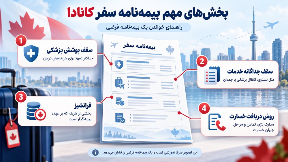 بخشهای مهم بیمهنامه سفر کانادا شامل سقف پوشش، فرانشیز و شرایط دریافت خسارت