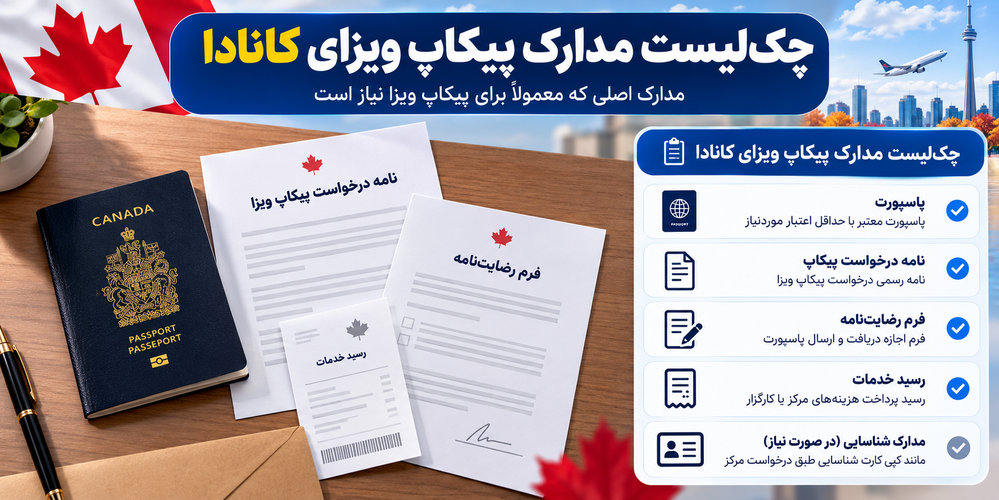 چکلیست مدارک پیکاپ ویزای کانادا شامل پاسپورت، نامه درخواست و فرم رضایتنامه